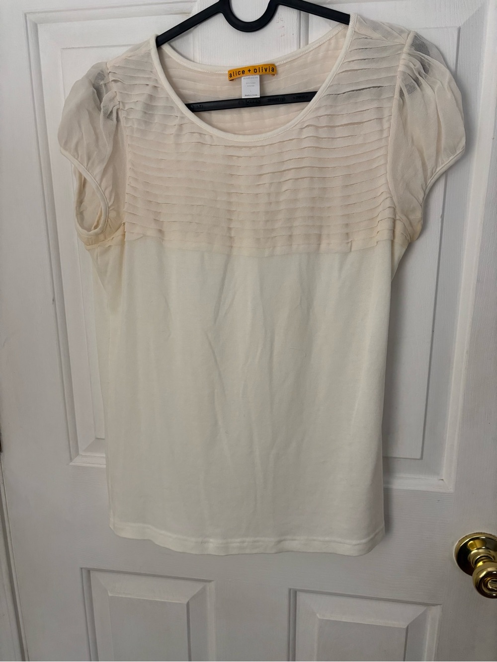 Alice + Olivia Ivory Pleated Yoke Short Sleeve Top